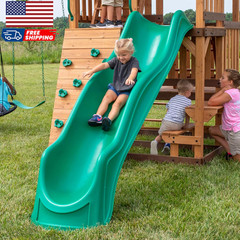 Highlander Cedar Wood Swing Set with Wave Slide Three-Story Clubhouse Rock Wall