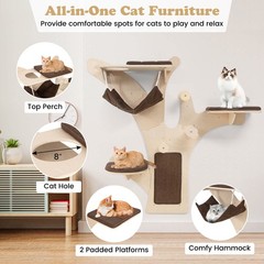 Wall-Mounted Cat Tower w/ Perch Hammock Sisal Scratching Posts & Mat Cushions