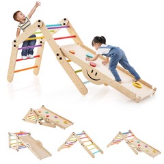 2-Piece Indoor Wooden Montessori Climbing Toys with DIY Climber, Slide & Seesaw