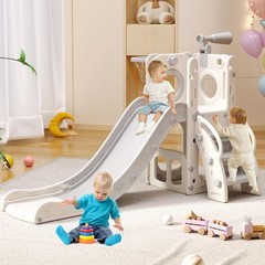 Gray 6 in 1 Toddler Playset w/ Hoop Ball Ring Toss Kids Playground Slide Outdoor
