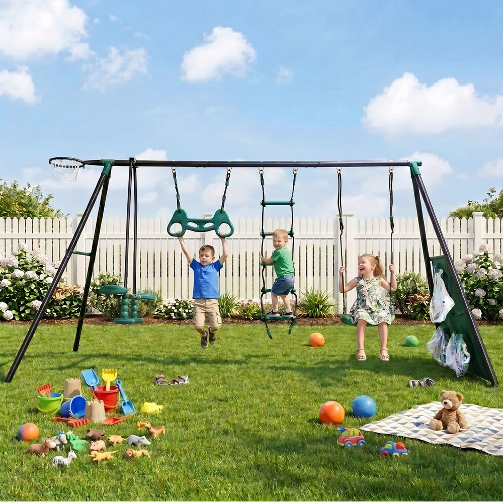 4-Function Swing Set Blackish Green Steel 550lbs For Age 3+ Outdoor Playground