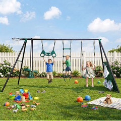 4-Function Swing Set Blackish Green Steel 550lbs For Age 3+ Outdoor Playground