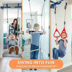 4-Piece Doorway Gym Indoor Playground Blue Indoor Playset Swing Ladder Rings