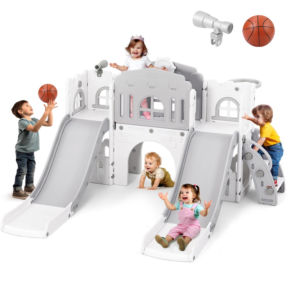 9 IN 1 Kids Double Slides Toddler Backyard Playground Playset Outdoor Indoor