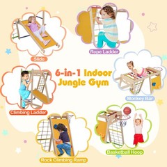 6-in-1 Jungle Gym w/Slide Rock Climbing Basketball Hoop Monkey Bar Rope Net