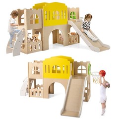 7-in-1 Toddler Slide Set Wooden Castle-Shaped Entertainment Activity Center