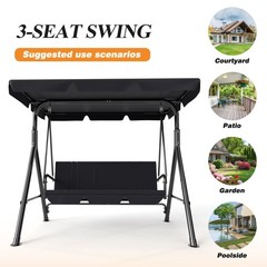 3-Seat Patio Swing Chair Outdoor Porch Swing with Adjustable Canopy