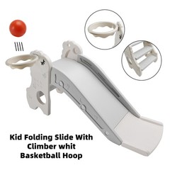 3In1 Kid Folding Slide With Climbe Basketball Hoop Freestanding Slide Toy White