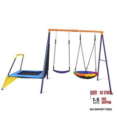 Swing Sets for Backyard with Trampoline 440lbs with Heavy-Duty Blue & Yellow