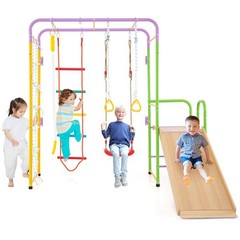 Metal Indoor Jungle Gym 8-in-1 Climbing Playset w/ Monkey Bars, Wall, Ladder