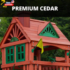 Wooden Swing Set with Wood Roof Two Slides Swings and Climbing Wall Playsets NEW