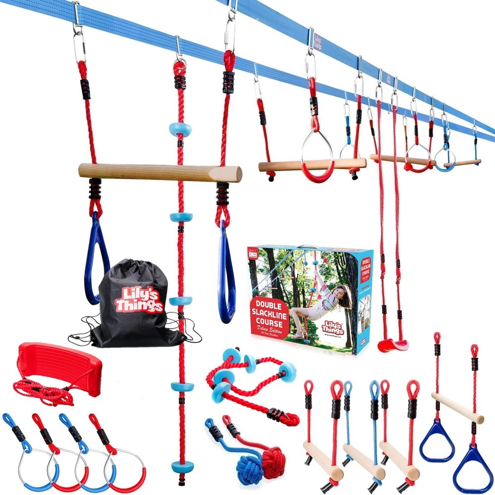 Double Ninja Slackline Obstacle Course for | 110 Foot Line | Monkey Bars Play…
