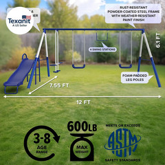 Arcadia Metal Swing Set for Kids – Trapeze, 2-Person Glider, 5Ft Slide, Anchor K