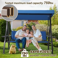 3 Seat Patio Swing Outdoor Swing with Textilene Backrest & 2 Cup Holders with