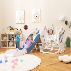 4-in-1 Toddler Climber Slide Set Kids Slide and Swing Set With Basketball Hoop