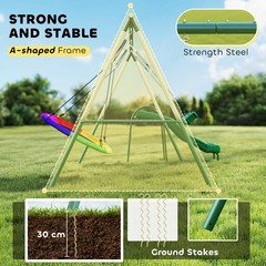 Qaba Metal Swing Set with Slide, Heavy Duty Swing Set, Dark Green
