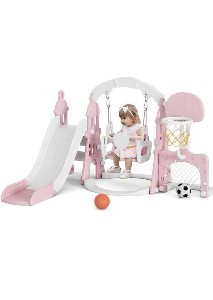 5-in-1 Pink & White Kids Playset: Slide Swing Climber Basketball Hoop Soccer