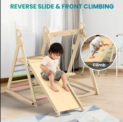 Montessori 4-in-1 Wooden Climbing Playset with Swing & Slide | Toddler Indoor