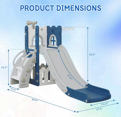 6-in-1 Toddler Slide w/ Storage, Hoop, Telescope, L Slide, Blue for Kids