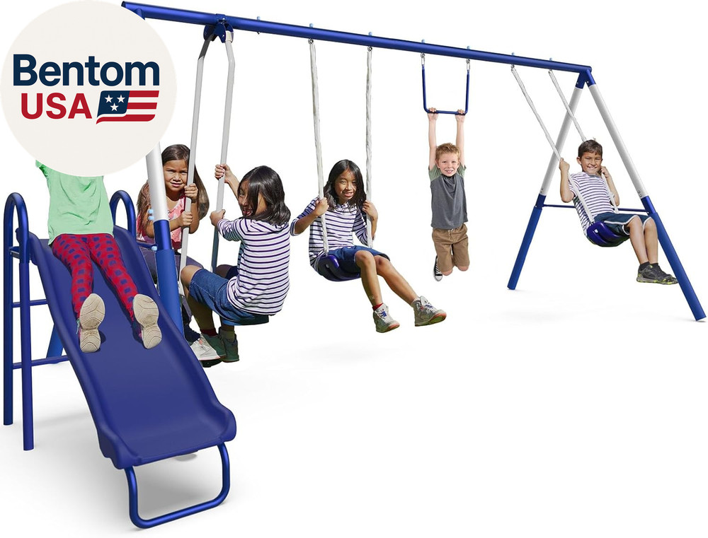 Arcadia Swing Set – Outdoor Heavy-Duty Metal Playset for Kids with Slide