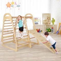 6 in1 Wooden Climbing Toys Kids Indoor Jungle Gym Gift Kids w/Slide Climbing Net