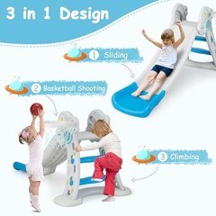 Toddler Slide, 3 in 1 Foldable Kids Slide Indoor Slideway with Basketball Blue