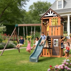 8IN1 Kid Wood Swing Slide Set Playhouse Rock Wall,Kitchen Backyard FunPlayground