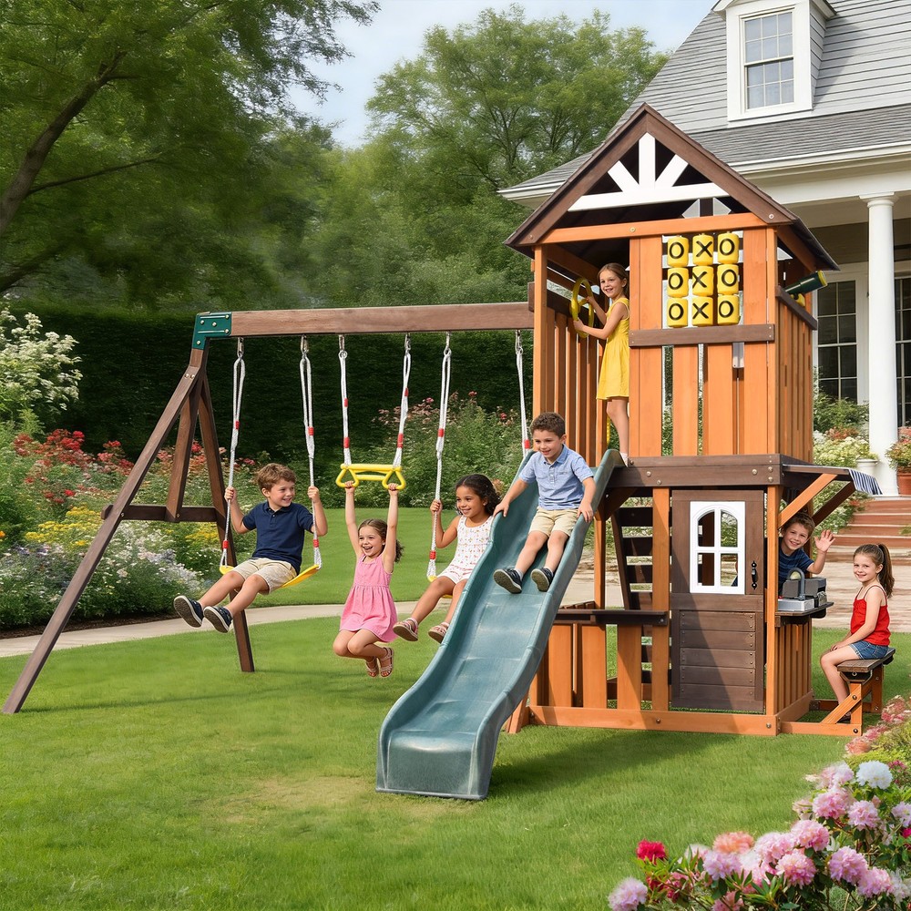 Wooden Kids Swing Slide Set Playhouse Kitchen, Rock Wall Outdoor Playground