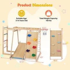 6-in-1 Jungle Gym w/Slide Rock Climbing Basketball Hoop Monkey Bar Rope Net
