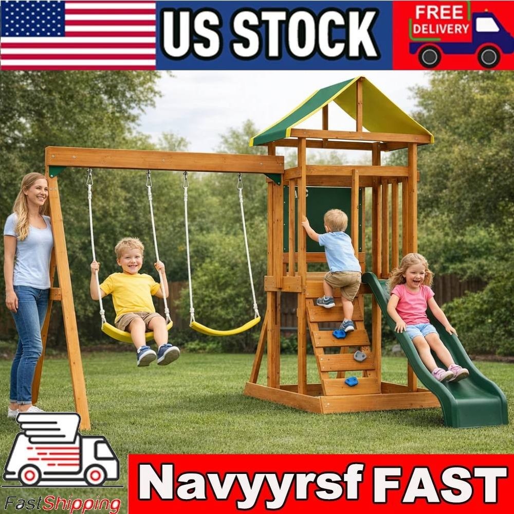 Wooden Swing Set Outdoor Kids Slide Backyard Playground Playset Rock Chalk Wall