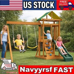Wooden Swing Set Outdoor Kids Slide Backyard Playground Playset Rock Chalk Wall
