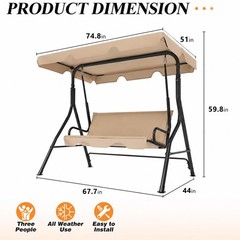 Garvee 3-Seat Patio Swing, Adj. Canopy, Thick Cushions, 500lb Cap. for Adults