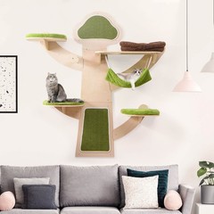 Wall-Mounted Cat Tower w/ Bed Hammock Sisal Scratching Post & Mats Cushions