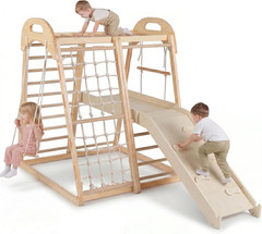 Indoor Jungle Gym, 8 in 1 Wooden Montessori Toddler Climbing Toys with Adjustabl
