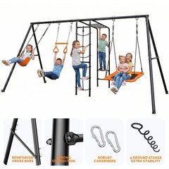 Heavy Duty Metal Swing Set Playground Set for Backyard w/Monkey Bar Climbing Net