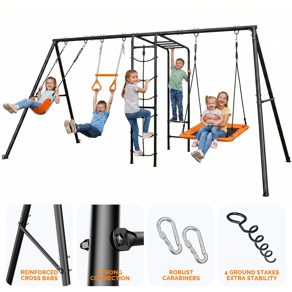 Large Metal Swing Set for Backyard w/ 45in Platform Swing & Trapeze Bar & Ladder