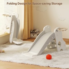 3In1 Kid Folding Slide With Climber,Basketball Hoop,Freestanding Slide Toy White