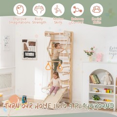 6-in-1 Swedish Ladder Wall Gym,Indoor Kids Playground Set with Swing,Rope Ladder