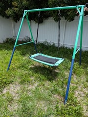 Kids Outdoor Metal Swing Set Frame w/ Platform Swing & Single Seat Green/Blue