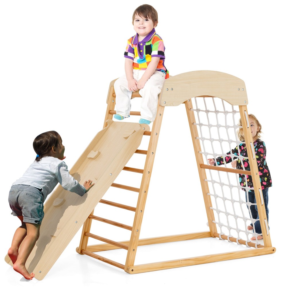 6-in-1 Wood Jungle Gym Reversible Double-sided Ramp Climbing Play Set Natural