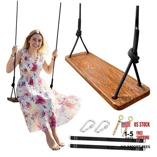 Wooden Tree Swing， Heavy Duty 500lbs Capacity Kids and Dark Brown (Upgraded)