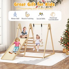 5-in-1 Kids Indoor Playground w/Slide Climbing Rock Adjustable Swing Wooden