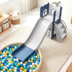 6-in-1 Kids Indoor Slide Playset w/Basketball Hoop, Telescope, Climbing Ladder