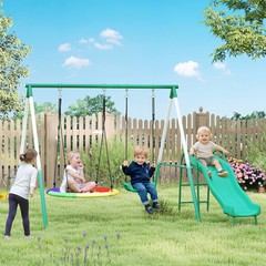 Qaba Metal Swing Set with Slide, Heavy Duty Swing Set, Dark Green