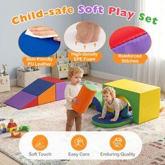 7PCS Soft Foam Climbing Blocks Set w/Slide & Tunnel, Waterproof & Easy to Clean