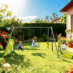 6 Function Swing Set w/ Net Swing, Slide, Hoop, 440 lbs, Green