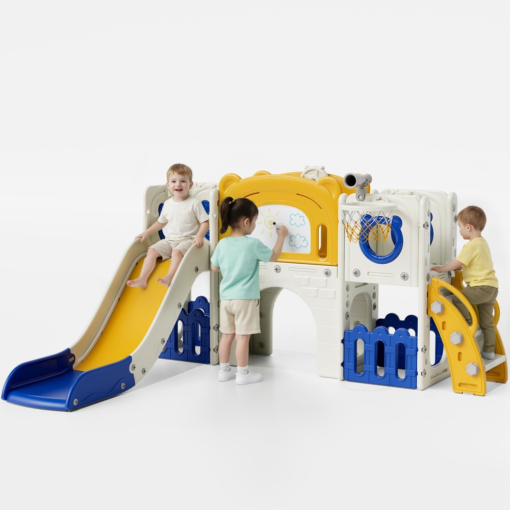 10-in-1 Kid Climber Slide,Toddler Slide Set with Drawing Board & Basketball Hoop