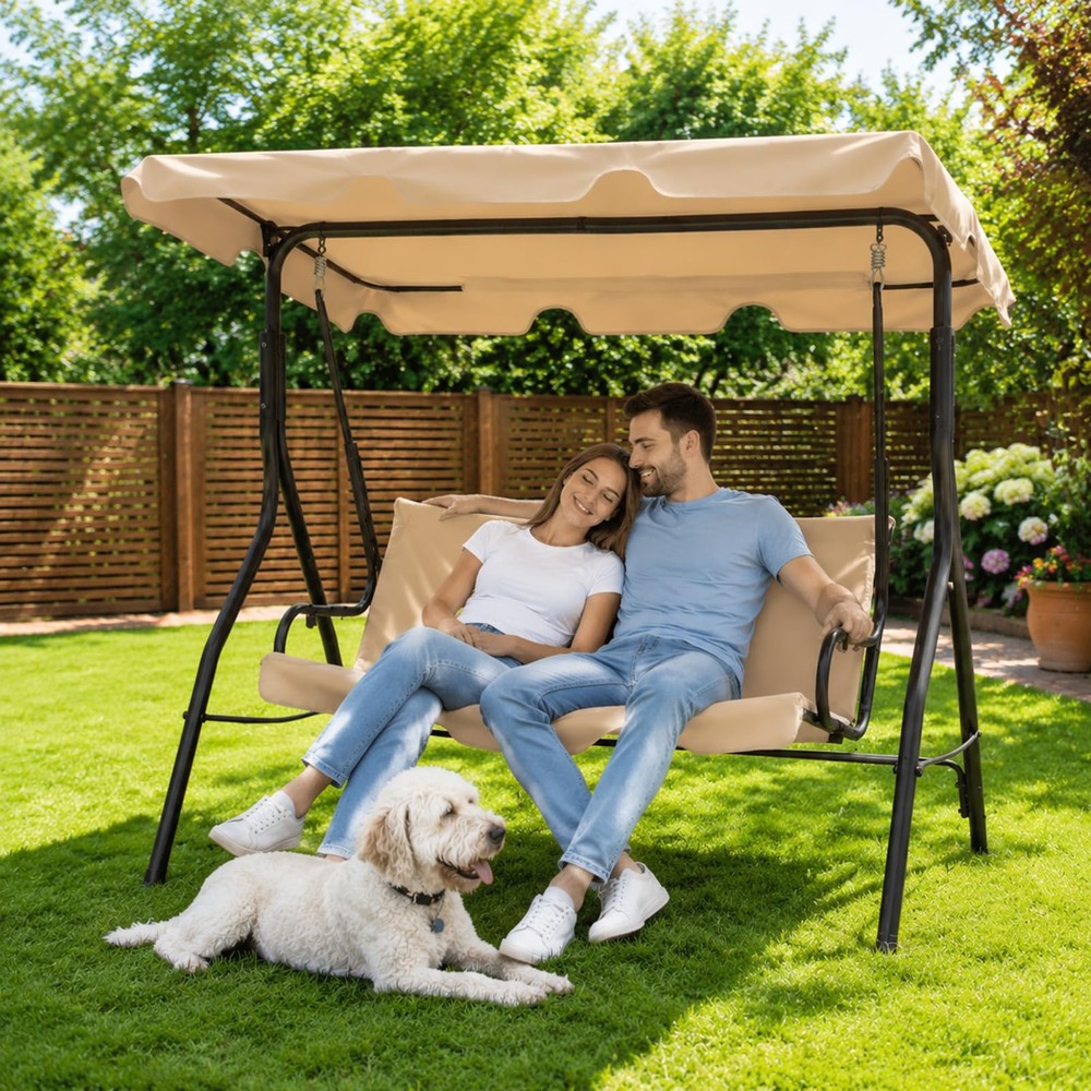 Garvee 3-Seat Patio Swing, Adj. Canopy, Thick Cushions, 500lb Cap. for Adults