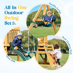 All-in-One Wooden Swing Set with Slide, Swings, Climbing Wall & More!
