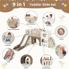 9in1 Large Kids Climber Slide Playset with Telescope, Basketball Hoop and Balls